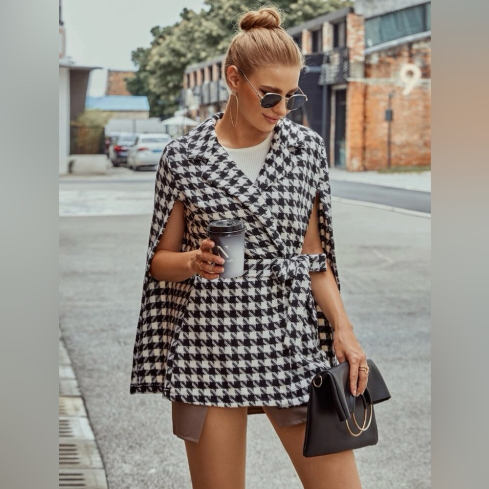 Houndstooth Pattern Belted Tweed Cape Coat